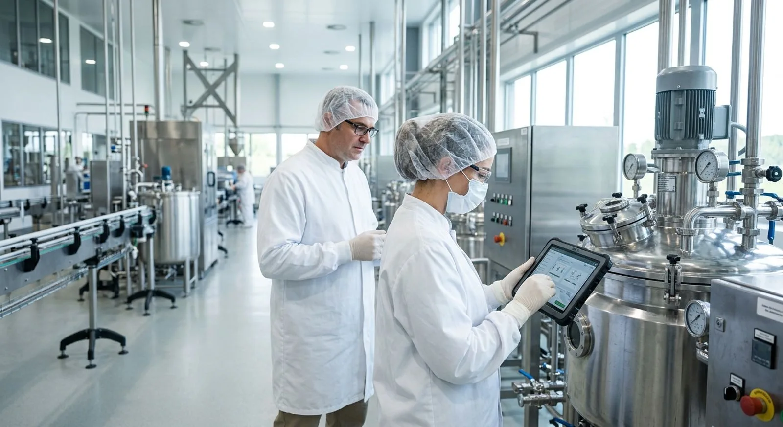Food production employee following a digital SOP on a tablet beside processing equipment