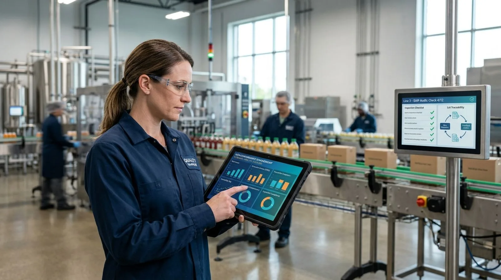 Quality manager reviewing non-conformance and corrective action data on a tablet in a modern manufacturing facility