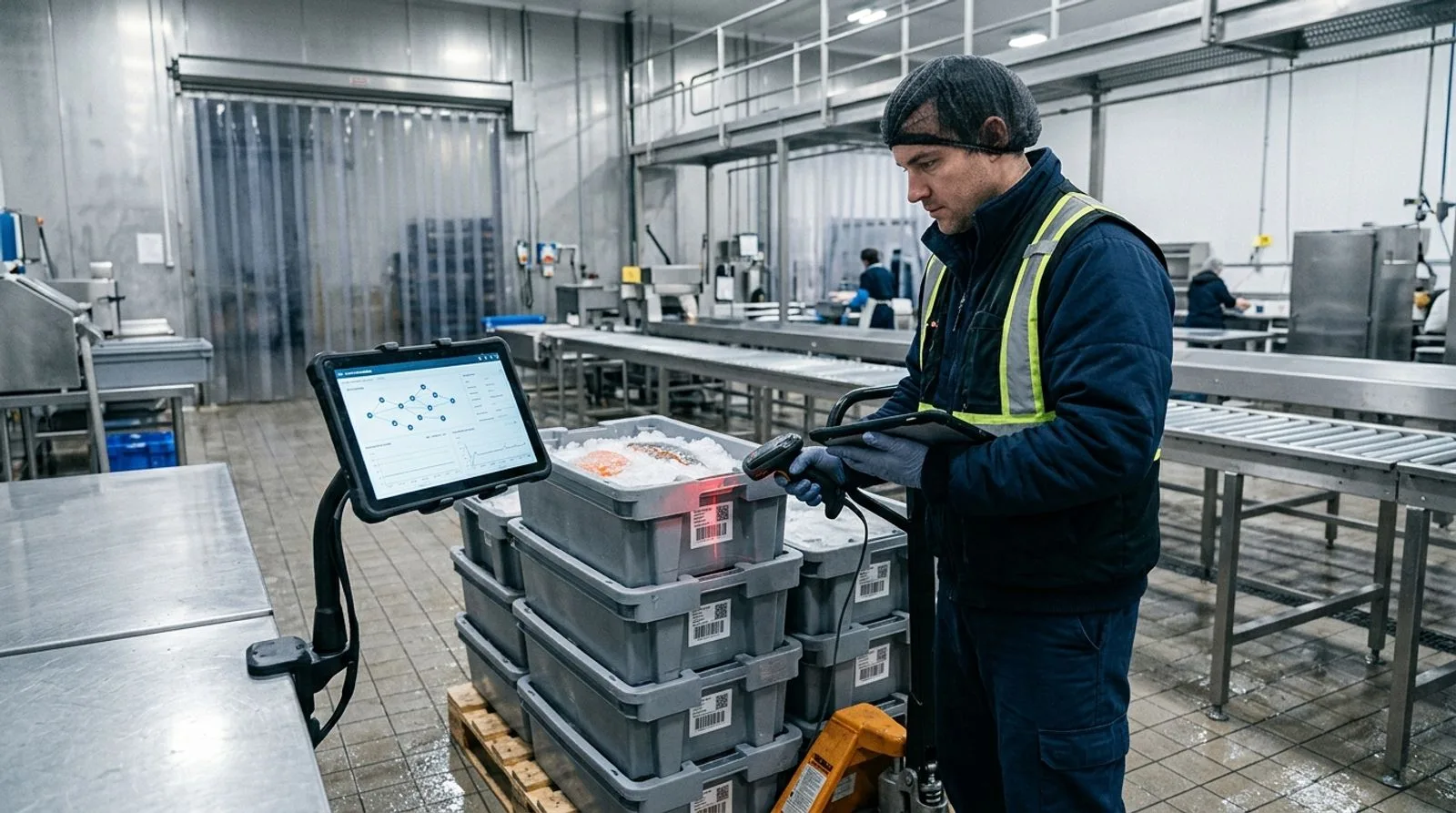 Worker scanning a seafood lot label while viewing lot genealogy and cold-chain checkpoints
