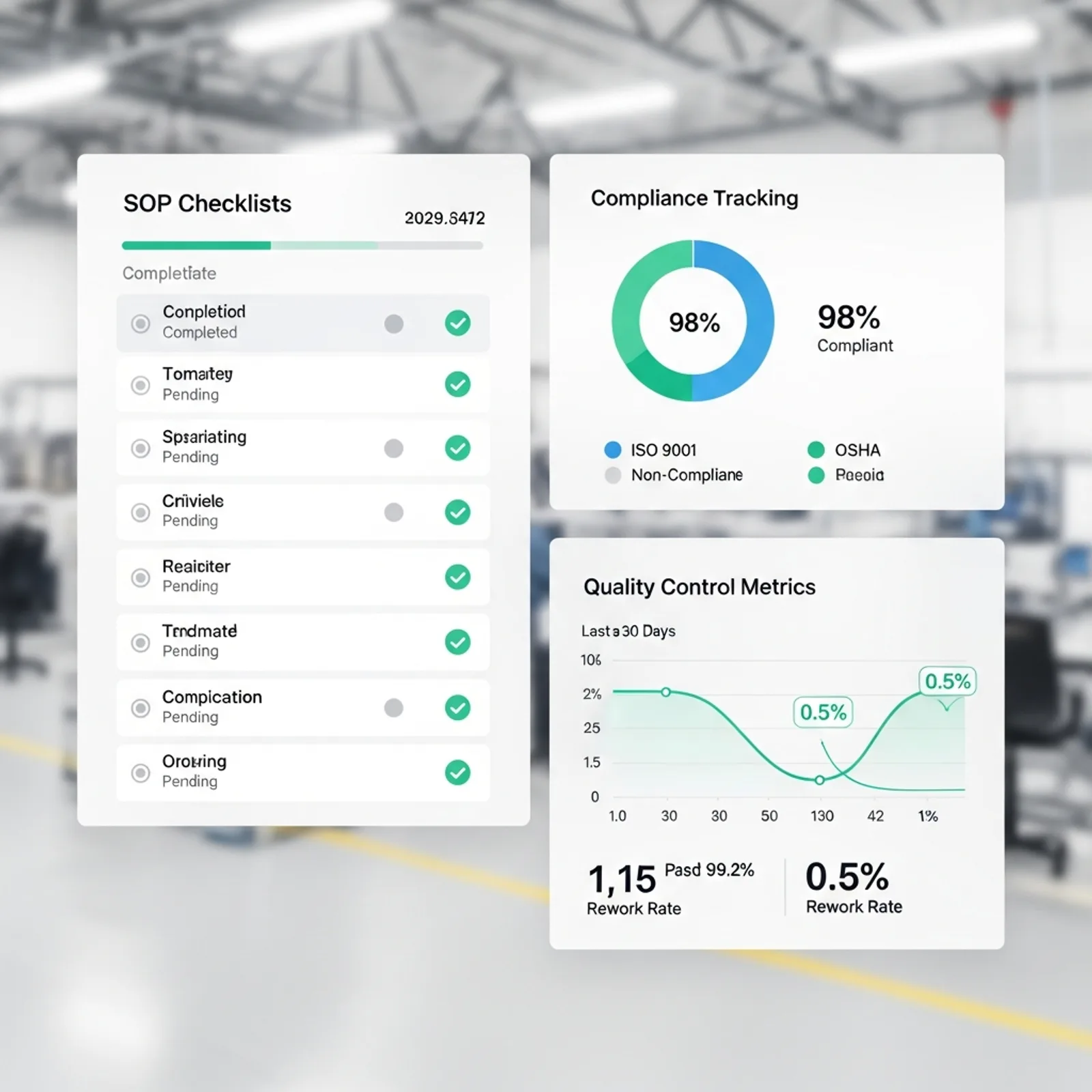 Modern minimalist dashboard of standard operating software for manufacturing showing SOP checklists and compliance tracking