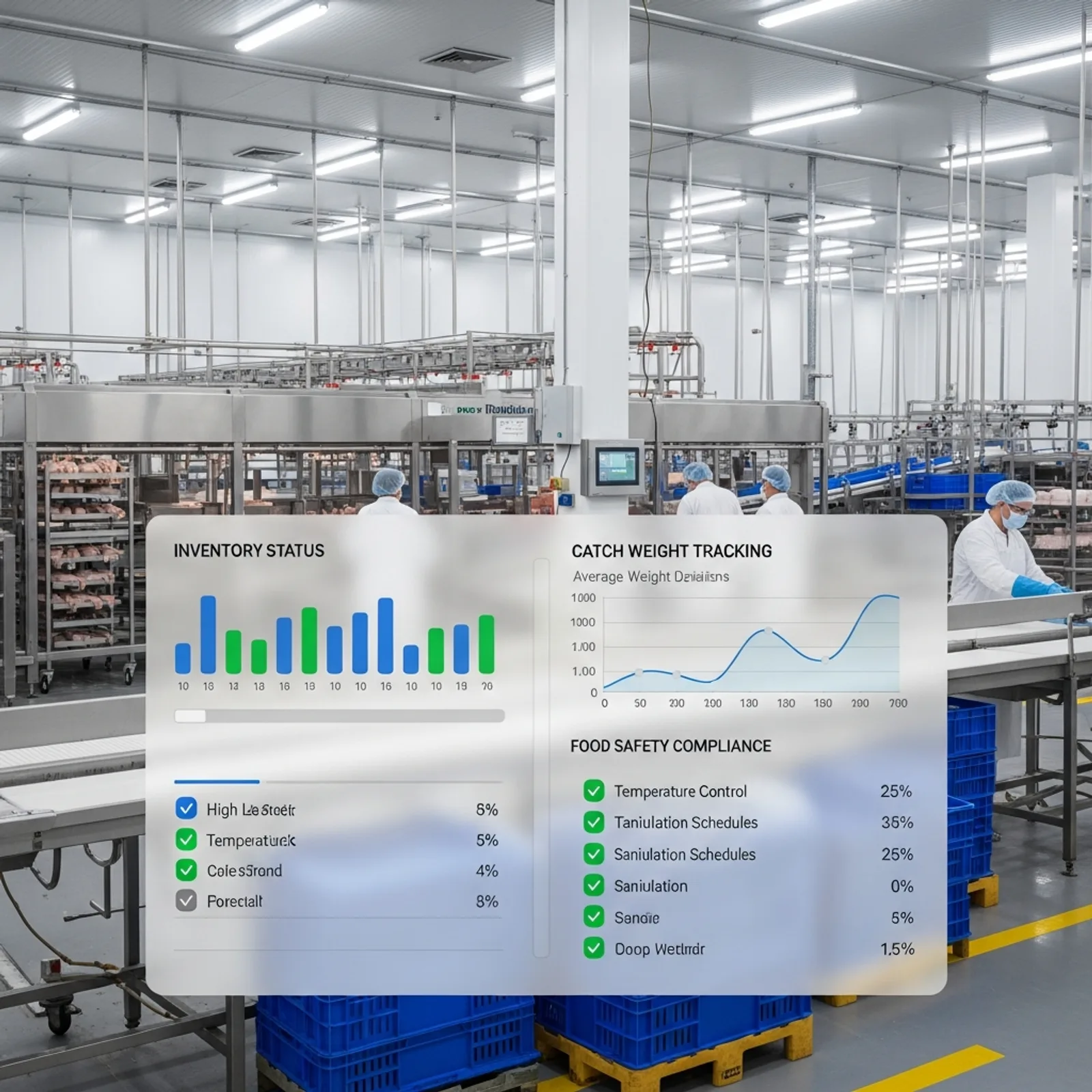 Modern poultry processing facility with a digital dashboard showing ERP inventory and food safety metrics