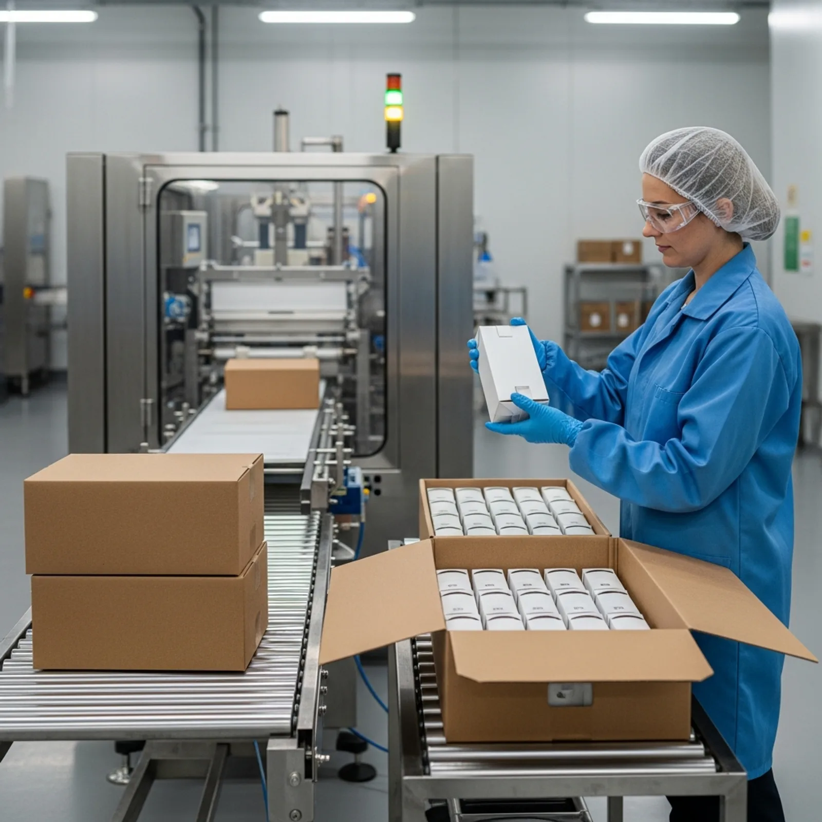 A quality assurance inspector in a hairnet, safety glasses, blue smock and nitrile gloves examining a sealed packed carton from a filled shipping case at the end of a stainless steel packaging line inside a clean food production facility