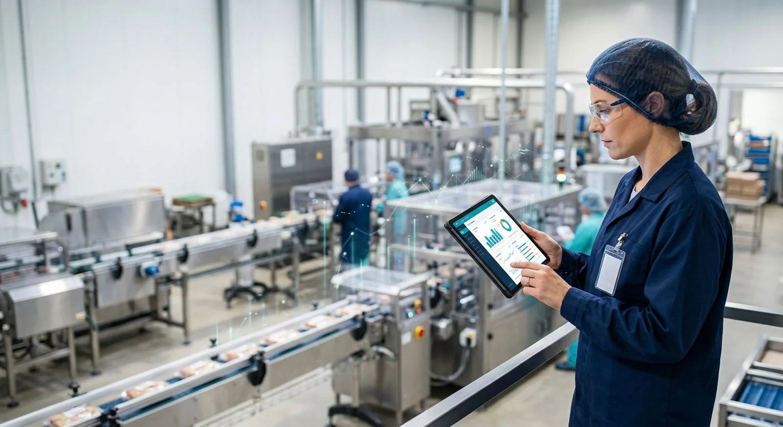 Food quality manager reviewing CAPA software on a tablet in a modern processing facility