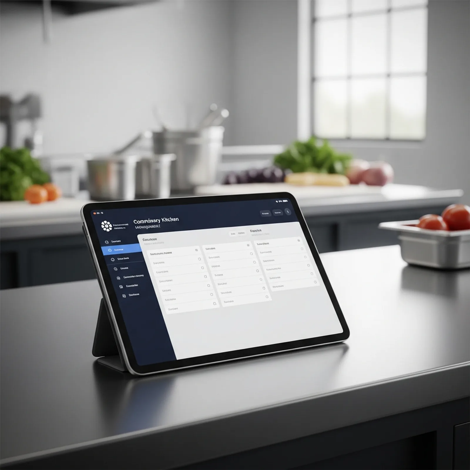 Professional commissary kitchen management software dashboard on a tablet in a clean, modern commercial kitchen