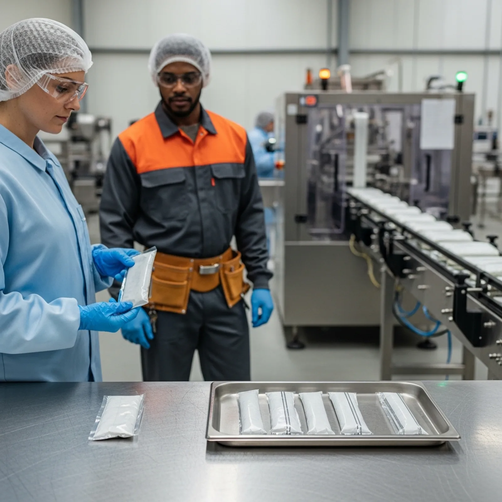 A quality assurance manager in a hairnet, safety glasses, blue smock and nitrile gloves inspecting the cleanly cut film seal of a newly produced package, with a steel tray of five identical flawless packages beside the single ragged defective sample, while the maintenance lead in a high-visibility orange yoke watches and the repaired packaging line runs smoothly behind them inside a clean food production facility</alt_text>
<parameter name="description">Verification of effectiveness frame for a corrective and preventive action sequence. A quality assurance manager checks the seal quality of newly produced packages against the original defective sample, with a tray of five consecutive good units providing evidence that the repair has held. The maintenance lead stands by with empty hands and the packaging station runs again with its guard closed. Contains no text, numerals or symbols of any kind. Square format, cool neutral industrial palette with a single high-visibility orange accent.</description>
<parameter name="theme">light