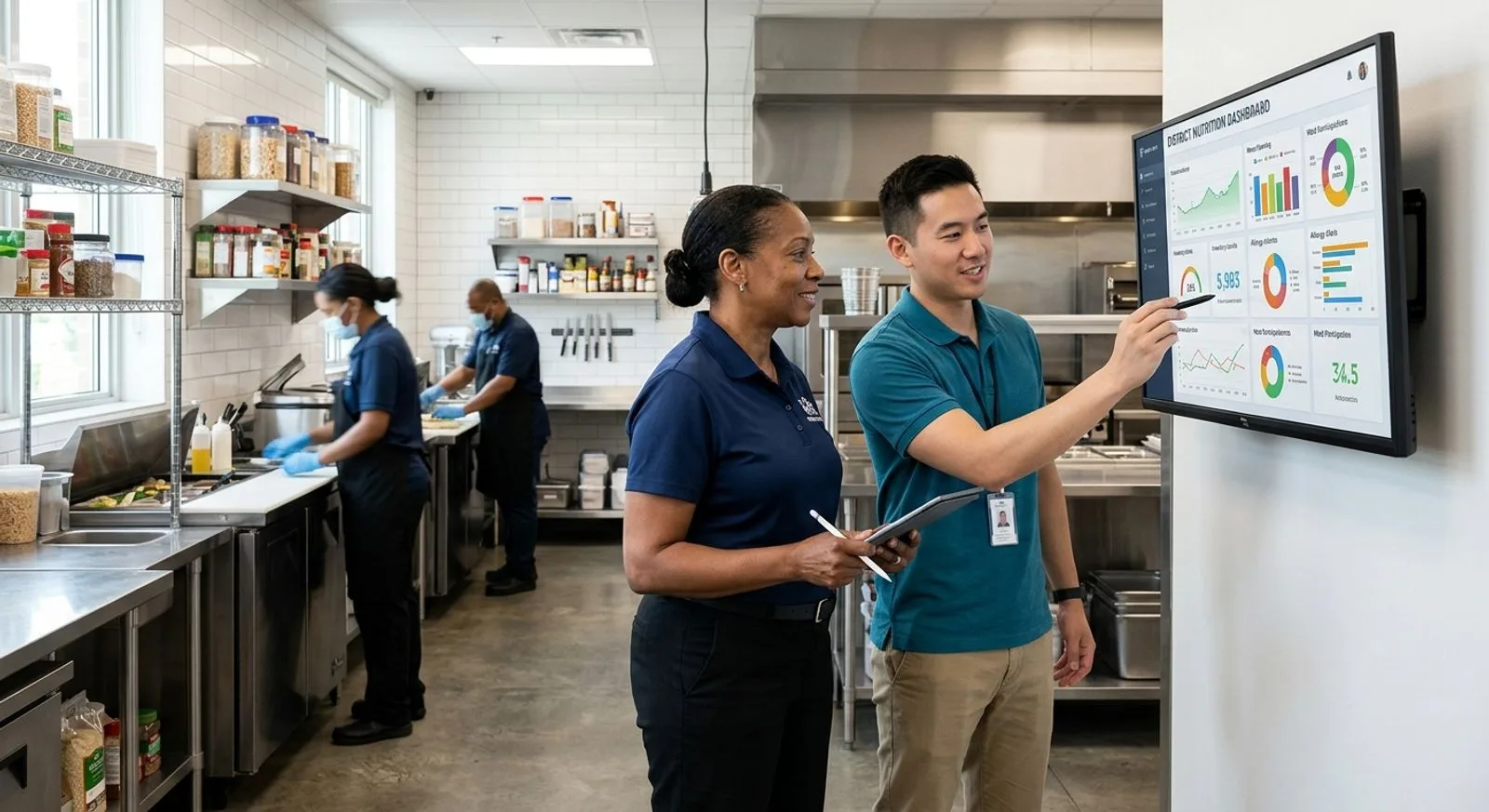 School nutrition and IT staff reviewing a digital cafeteria operations dashboard