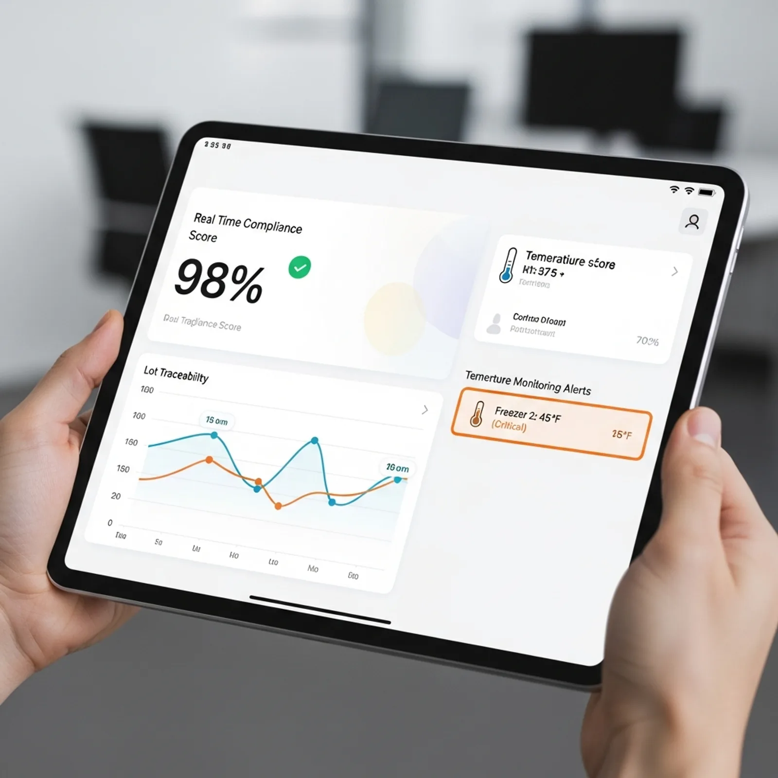 Modern minimalist food safety software dashboard on a tablet showing compliance scores and lot traceability graphs