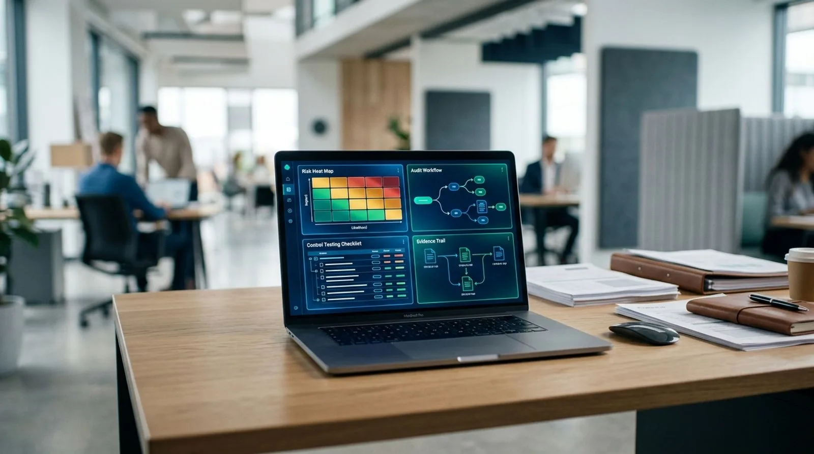 Internal audit software dashboard showing risk, controls, and evidence workflows