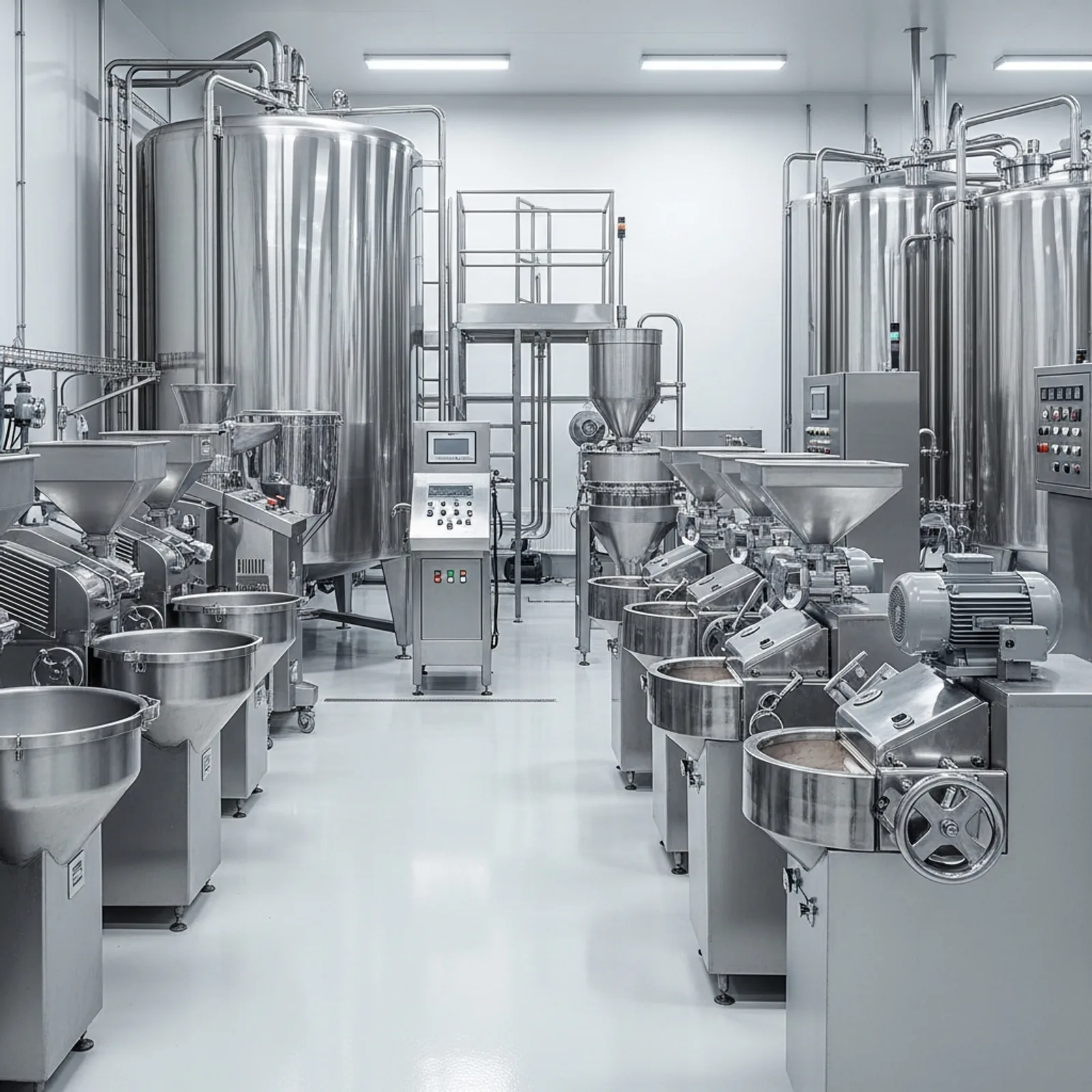 Modern chocolate manufacturing facility with stainless steel machinery and cocoa processing equipment