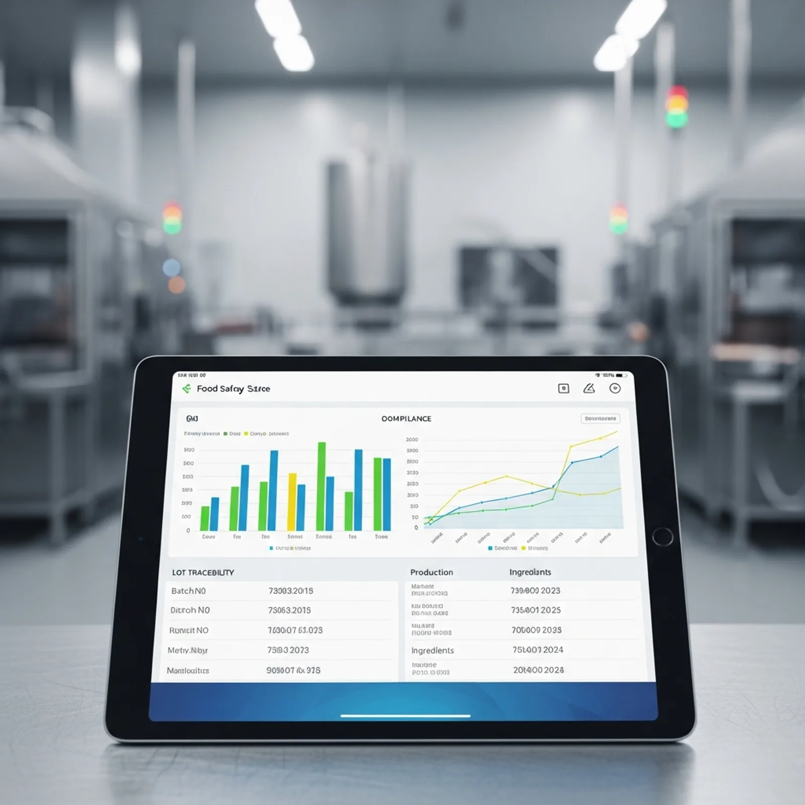 Modern food safety compliance dashboard on a tablet in a clean meat processing facility