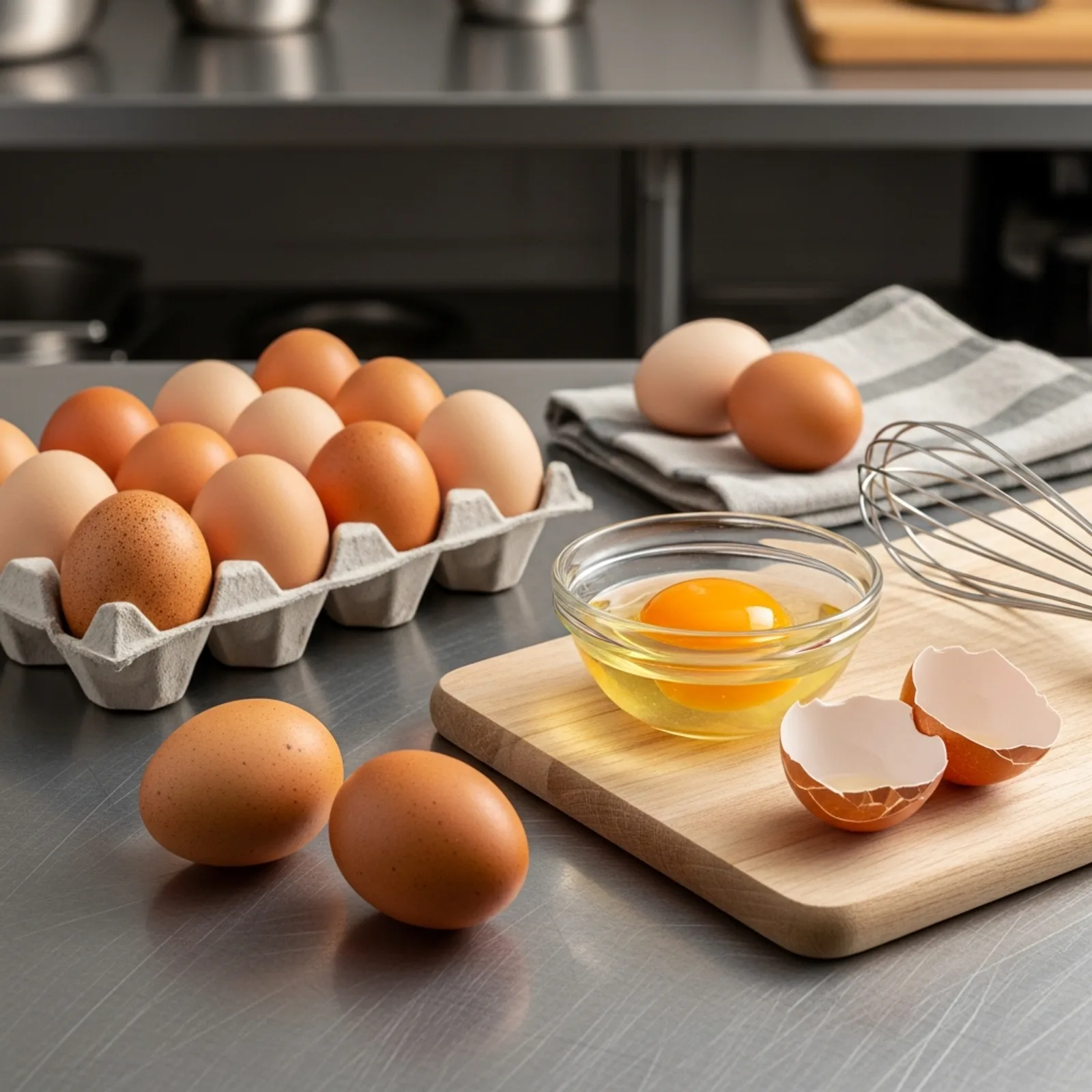 Fresh raw eggs on a restaurant kitchen prep table, including a dozen brown and cream eggs in a plain pulp egg flat on brushed stainless steel, with one egg cracked into a clear glass bowl showing a high domed golden yolk, empty half shells and a whisk on a wooden board, and a professional kitchen blurred in the background</alt_text>
<parameter name="description">Editorial food safety photograph showing fresh raw shell eggs in a plain pulp flat on a brushed stainless steel restaurant kitchen prep table, alongside a cracked egg in a clear glass bowl displaying a high domed yolk and thick albumen as freshness indicators. Shallow depth of field with a softly blurred commercial kitchen background lit by warm overhead lamps. Suitable for egg handling and storage, Salmonella hazards, cold holding and temperature control, shell egg receiving and inspection, pasteurised egg product decisions, and allergen cross-contact content.</description>
<parameter name="theme">light