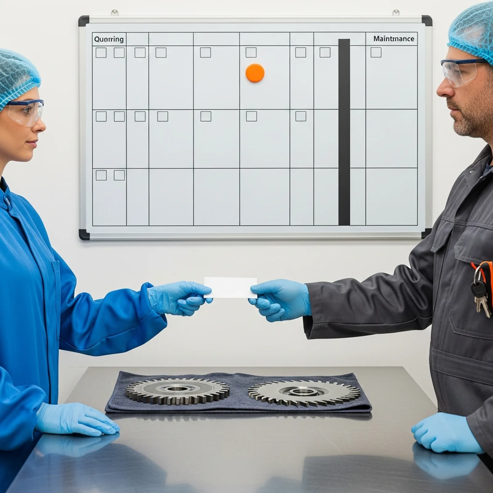 A quality assurance manager in a hairnet, safety glasses and blue smock handing a blank action card to a maintenance lead in a high-visibility orange yoke with a tool belt, beside a worn chipped cutting blade and its flawless replacement on the bench, in front of a blank magnetic planning grid marked with a single orange magnet, inside a clean food production facility