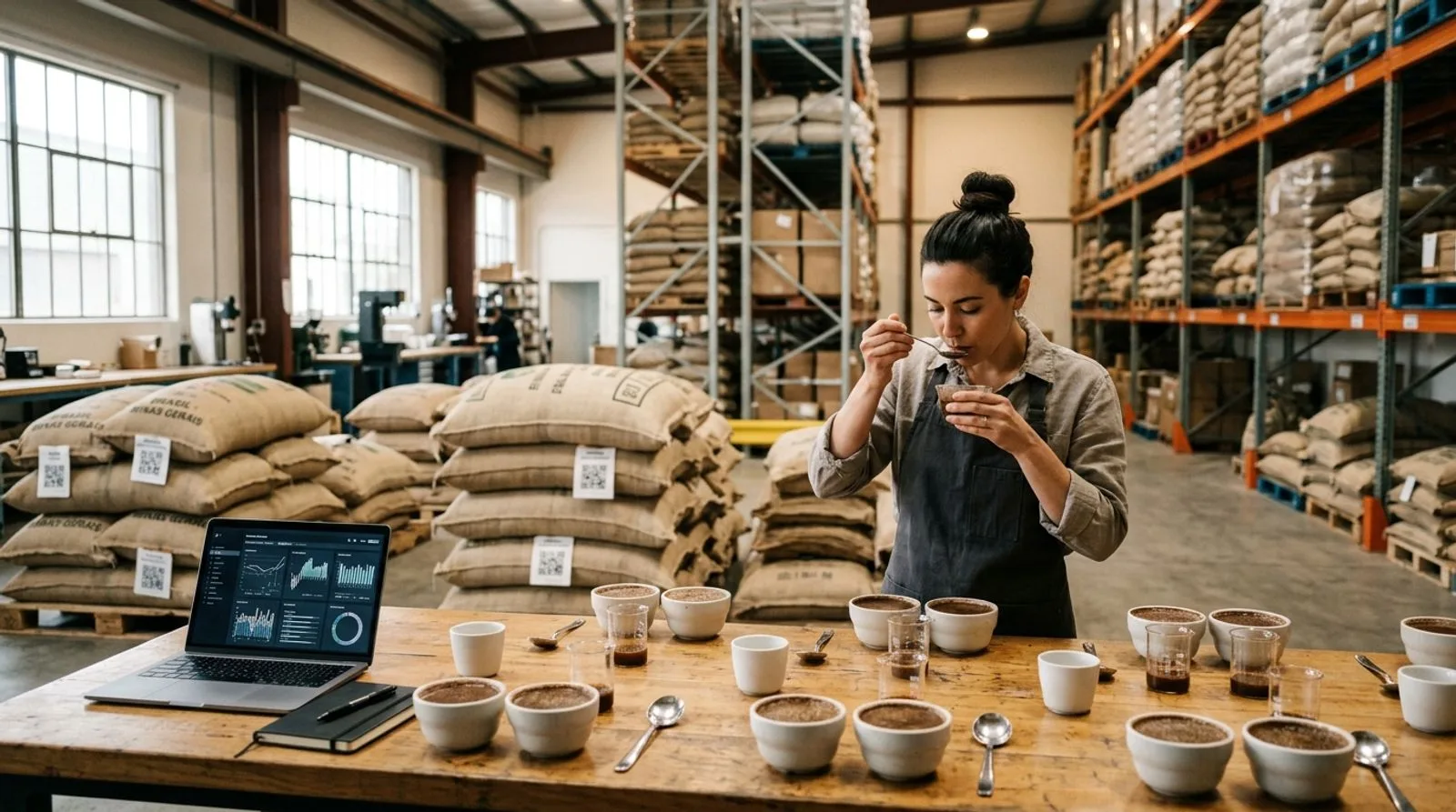 Coffee samples, traceability tags, and production planning dashboard in a roasting business